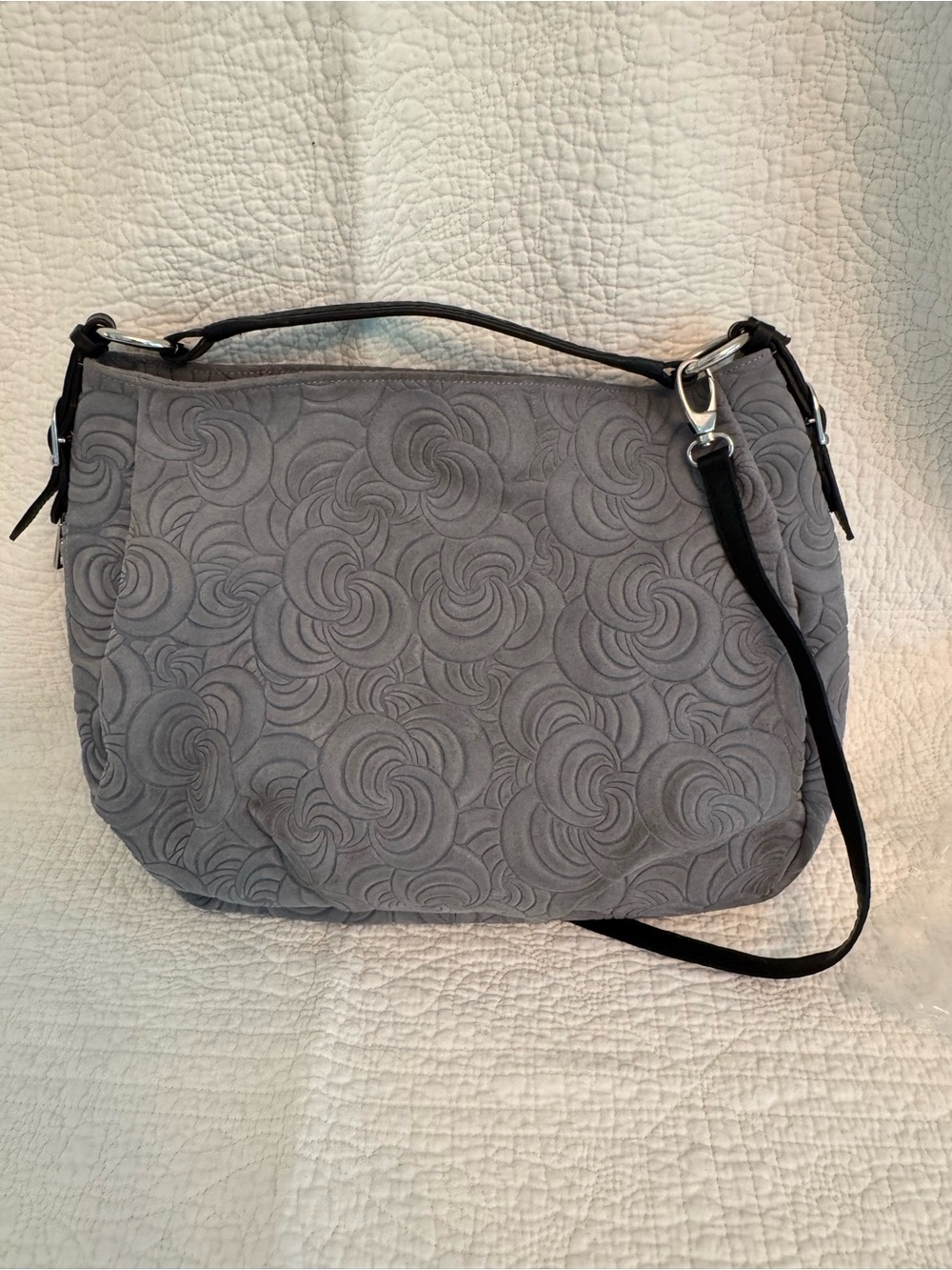 Gray Tooled Leather Shoulder Bag Expandable Hobo Satchel Crossbody Purse
